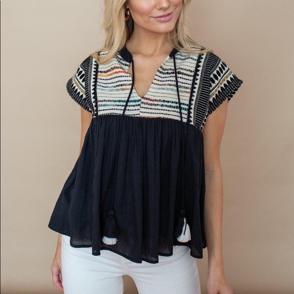 Anthro THML Black Embroidered Tassel Tie Babydoll Blouse Top - Picture 6 of 12